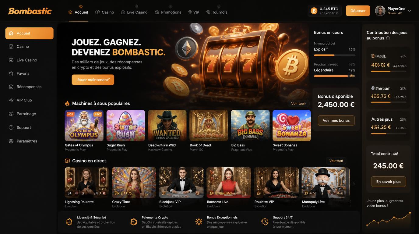 Interface de contributions des jeux au bonus avec machines Ă sous, live casino et crypto visibles