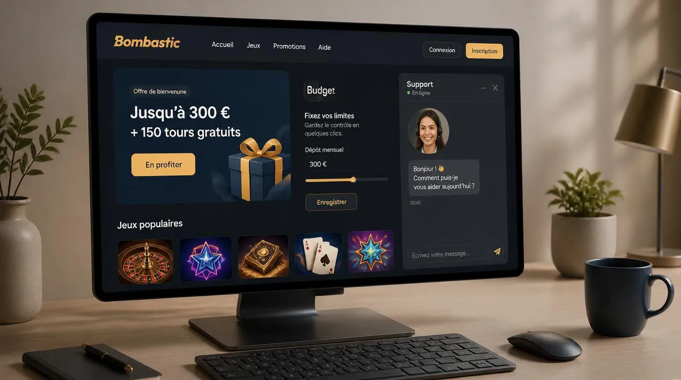 Interface de casino moderne avec catalogue de jeux, bouton de support et options de paiement en cryptomonnaies