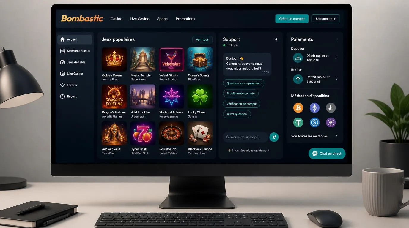 Interface de casino moderne avec offre de bienvenue, fenêtre de support et réglage du budget de jeu