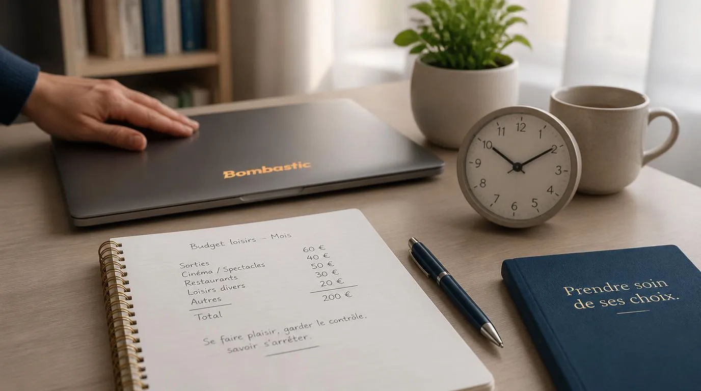Budget de loisir noté dans un carnet, avec une horloge à côté d’un ordinateur fermé